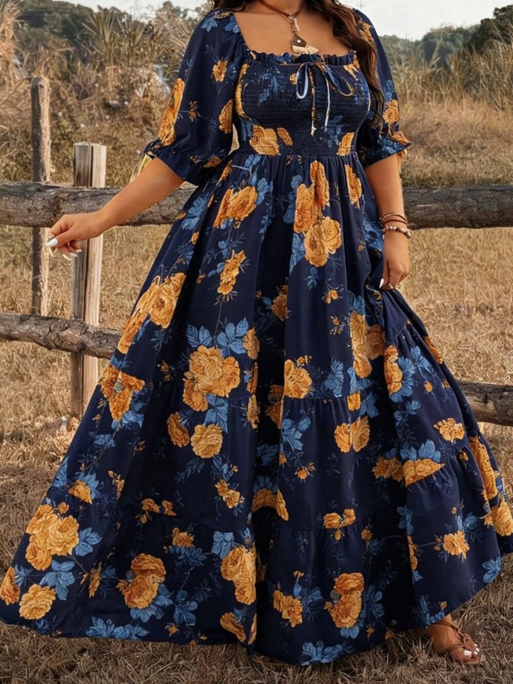 Navy Blue Boho Women's Floral Print Square Neck Maxi Dress